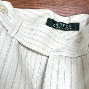 Pants, cream with light blue pin stripe, linen with lining.  Lauren/Ralph Lauren